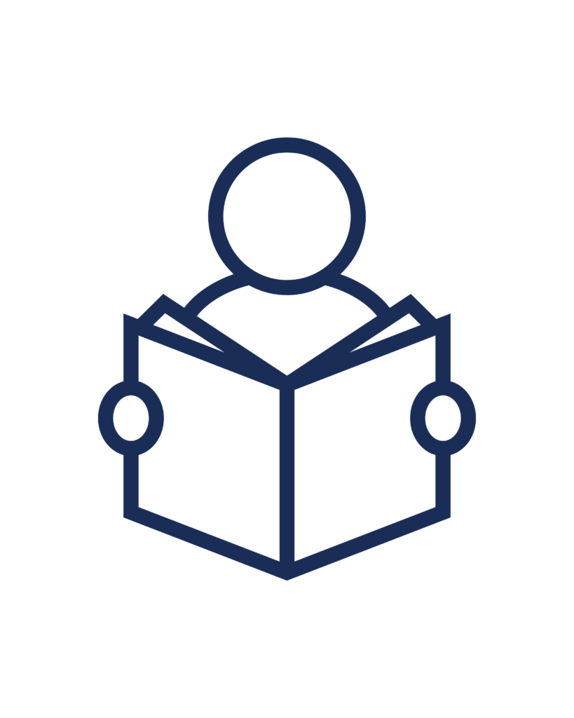 An icon of a person reading a book, representing text reading capabilities.