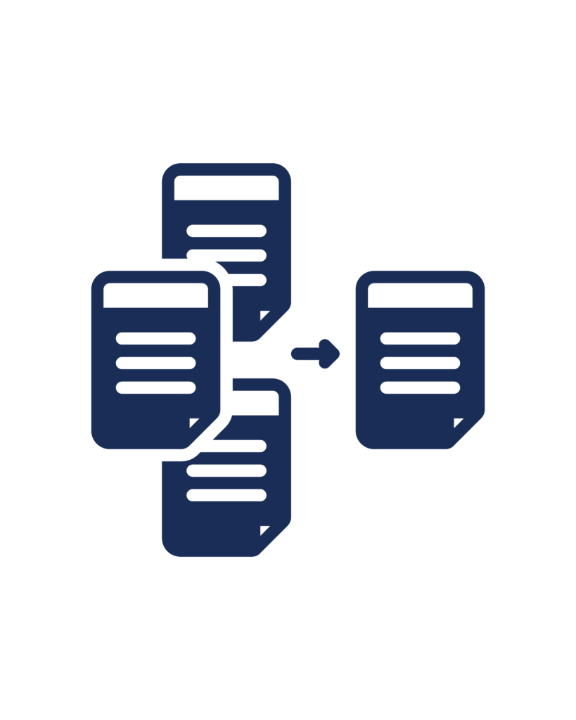 An icon with stacked documents and an arrow between them, indicating summarization of text.