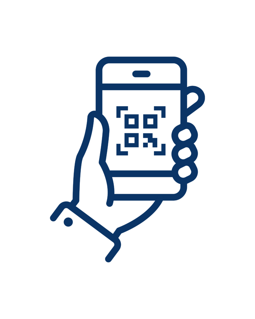 An icon of a hand holding a smartphone with a QR code, representing scanning functionality.